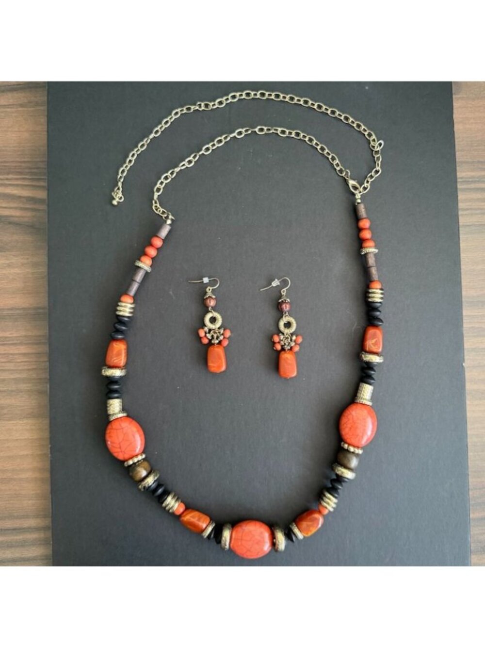Vintage 80's Orange Aux Agate Wood Bead Necklace Earrings Set W/ Brass Accents